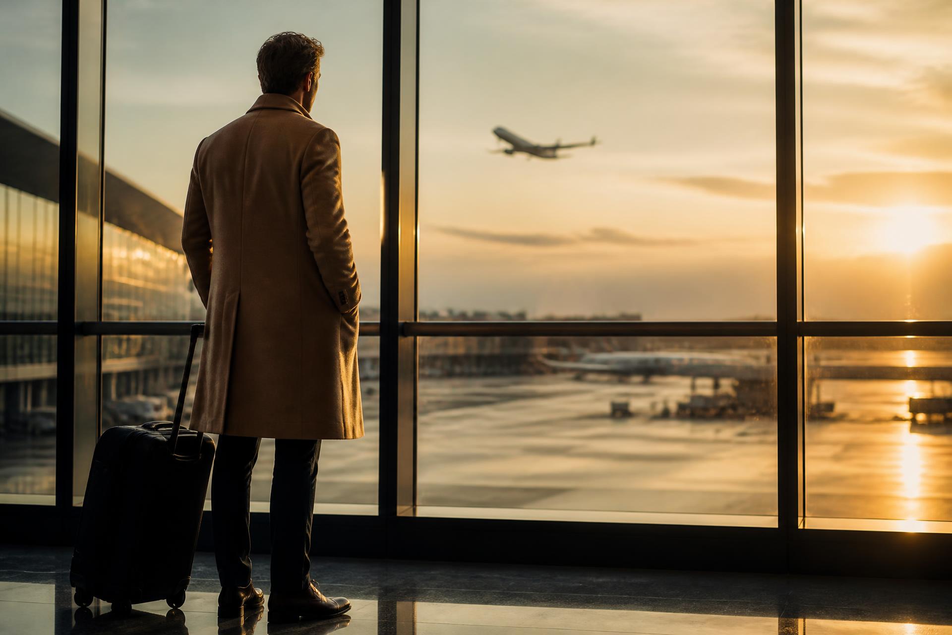 A traveller looking out over an airport apron at golden hour